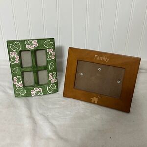 Melannco‎ Ceramic Floral & Wood Family Picture Frame Set Green Brown Excellent